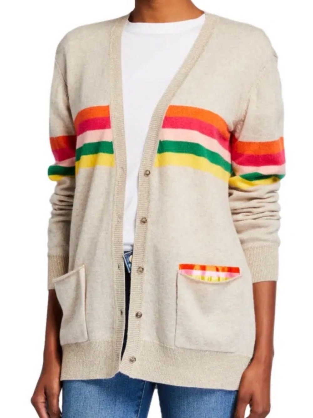 Beige Striped Pocket Cardigan Sweater with Multicolor Bands